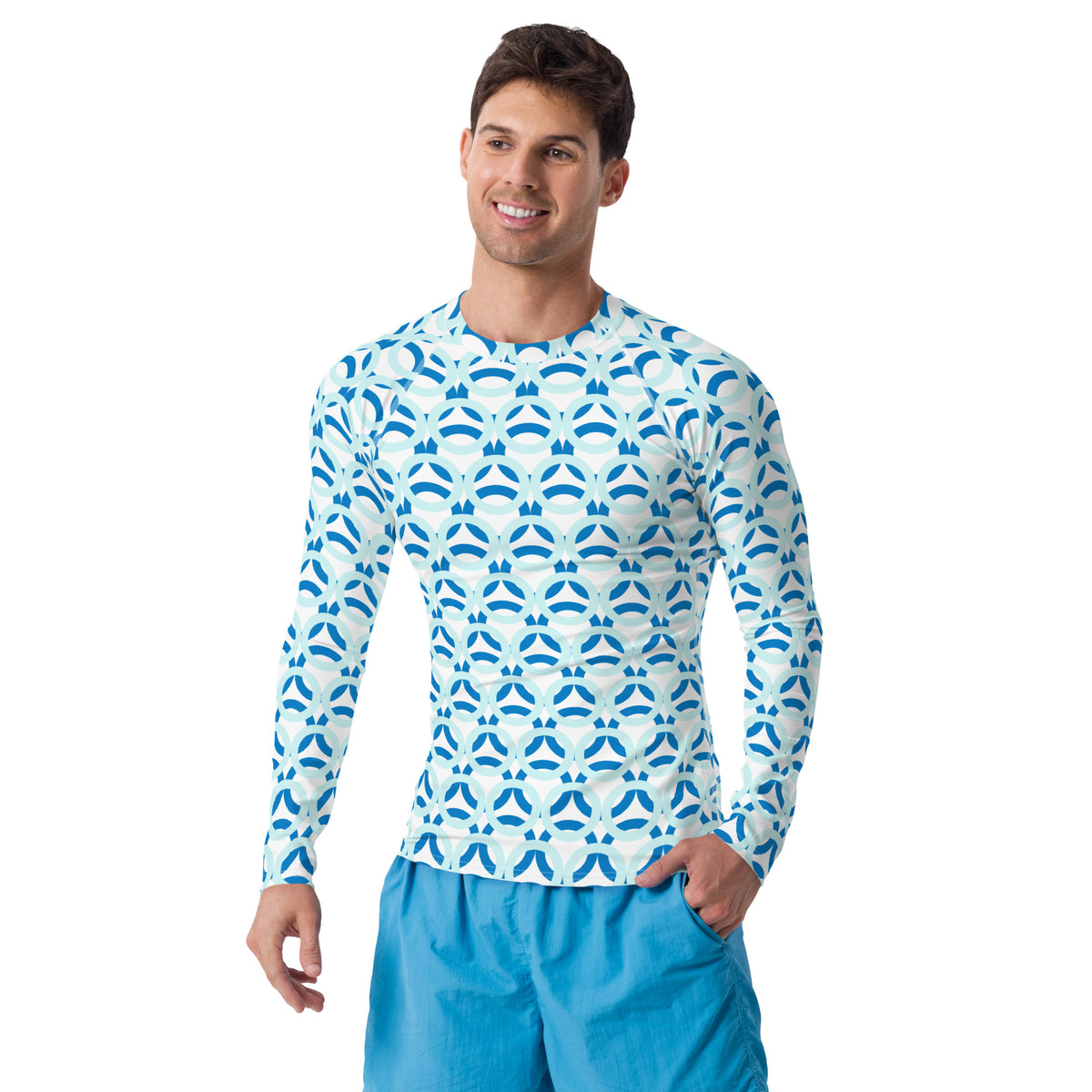 Men's All-Over Print Rash Guard Circle Thick Light Cyan and Navy Blue