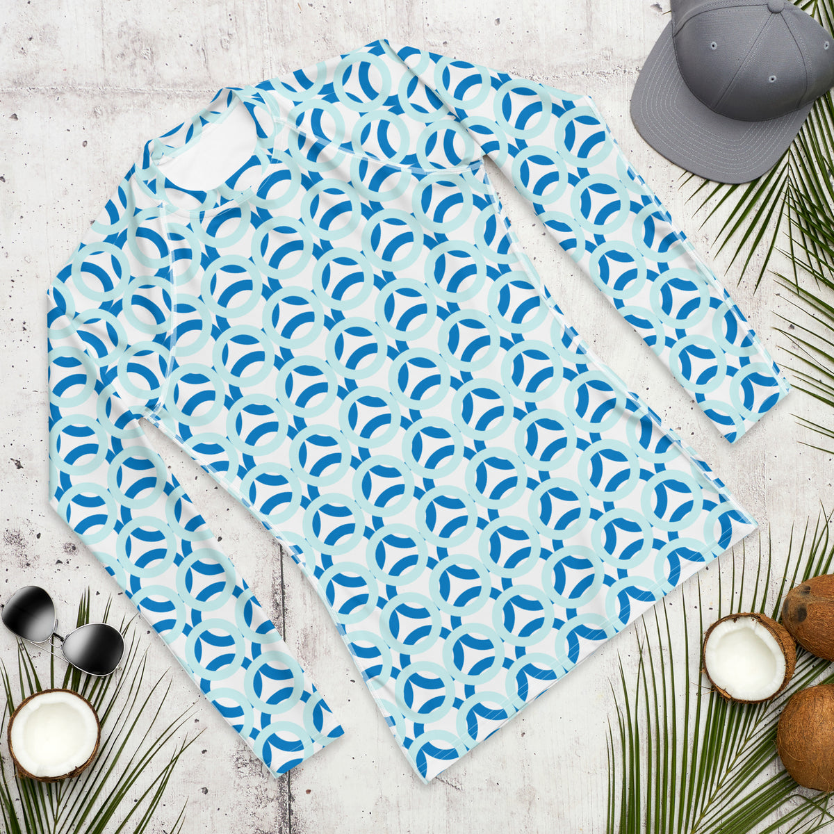 Men's All-Over Print Rash Guard Circle Thick Light Cyan and Navy Blue