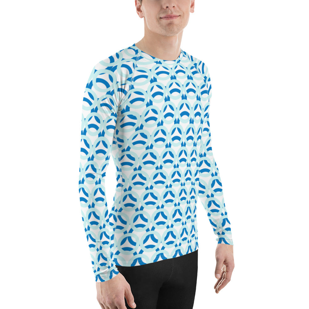 Men's All-Over Print Rash Guard Circle Thick Light Cyan and Navy Blue