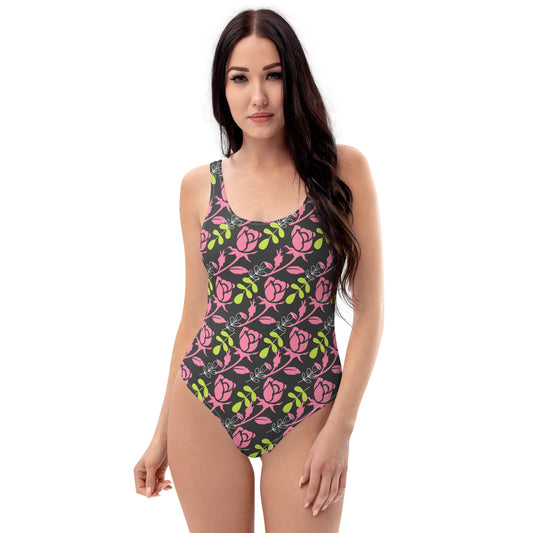 All-Over Print One-Piece Swimsuit Roses Black