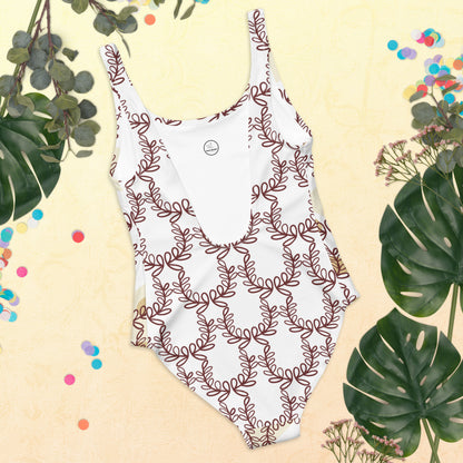 All-Over Print One-Piece Swimsuit Laurel Leaf Crown White