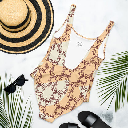 All-Over Print One-Piece Swimsuit Laurel Leaf Crown Frangipani