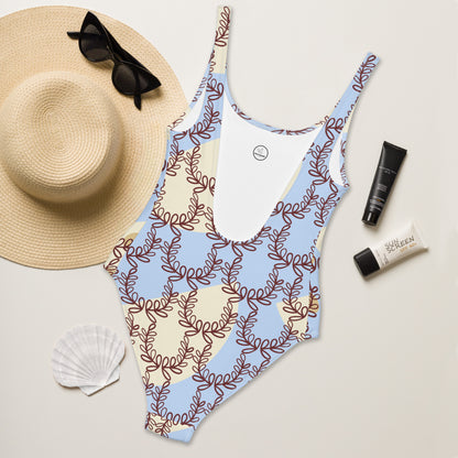 All-Over Print One-Piece Swimsuit Laurel Leaf Crown Hawkes Blue