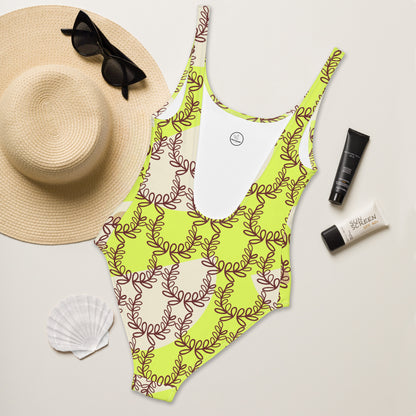 All-Over Print One-Piece Swimsuit Laurel Leaf Crown Light Green