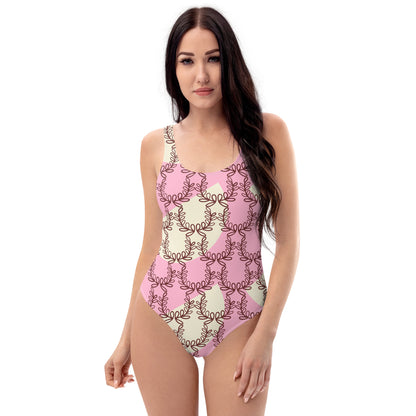 All-Over Print One-Piece Swimsuit Laurel Leaf Crown Cotton Candy