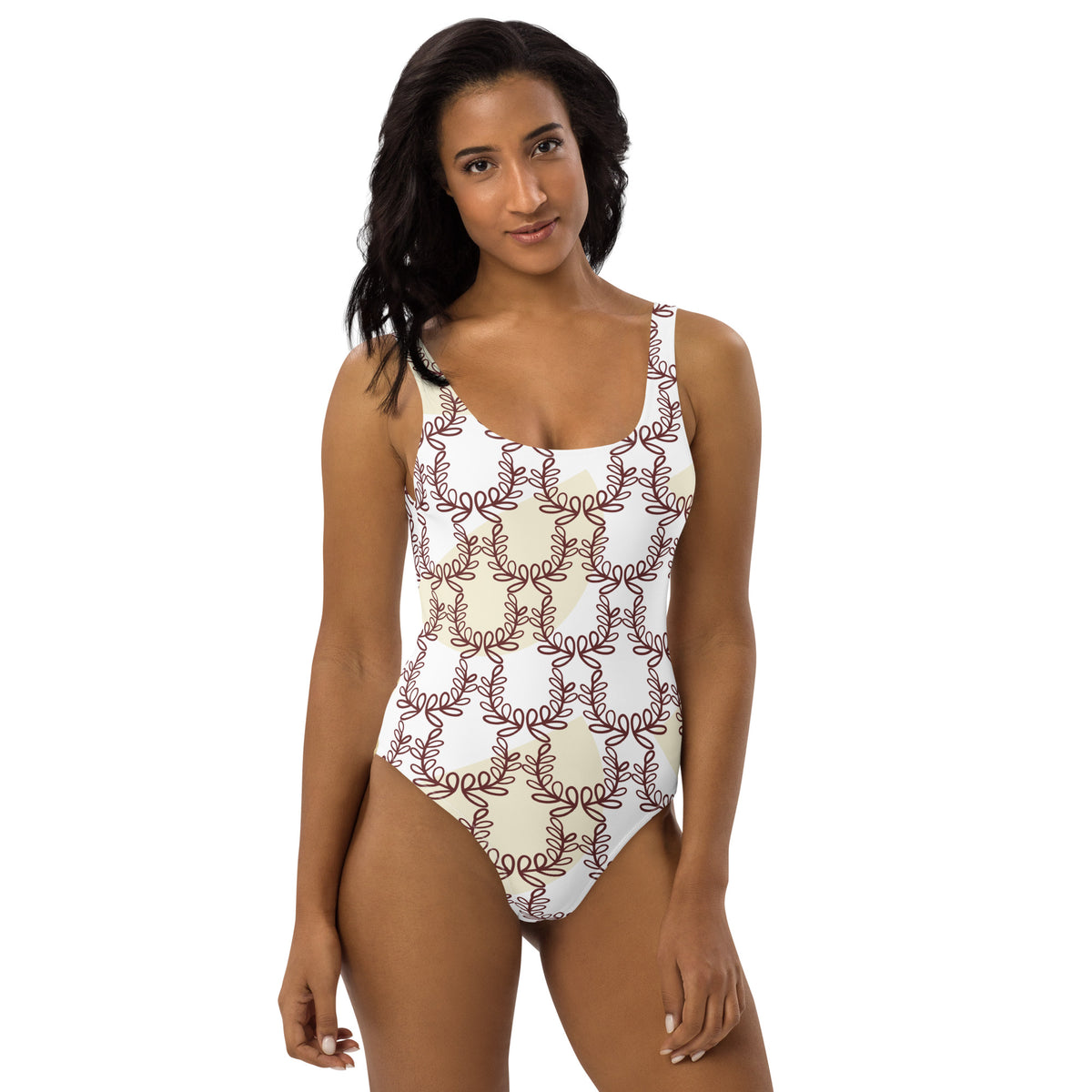 All-Over Print One-Piece Swimsuit Laurel Leaf Crown White