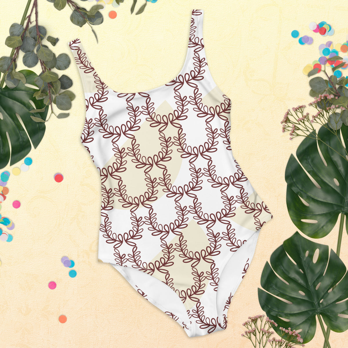 All-Over Print One-Piece Swimsuit Laurel Leaf Crown White