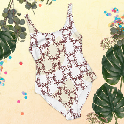 All-Over Print One-Piece Swimsuit Laurel Leaf Crown White