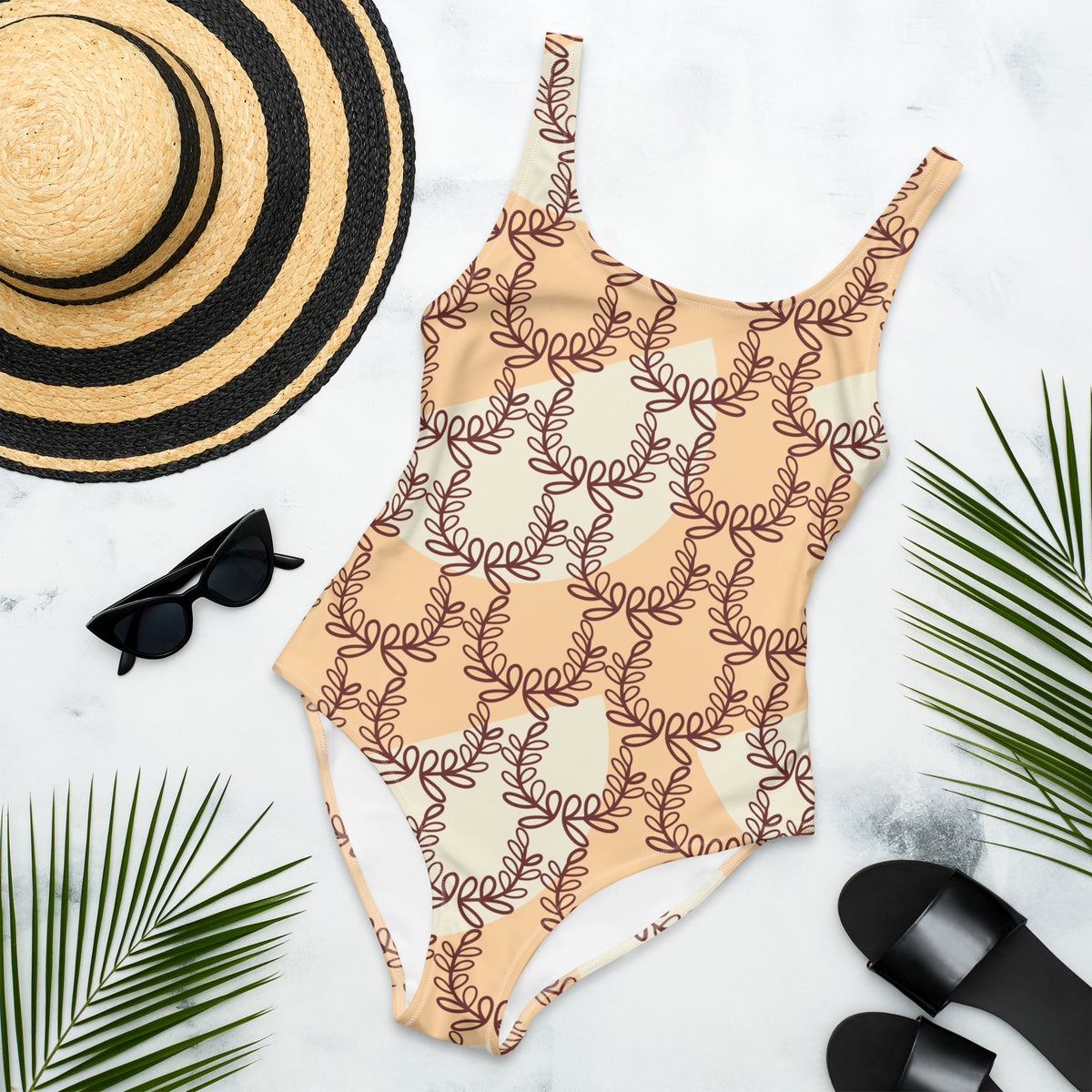 All-Over Print One-Piece Swimsuit Laurel Leaf Crown Frangipani