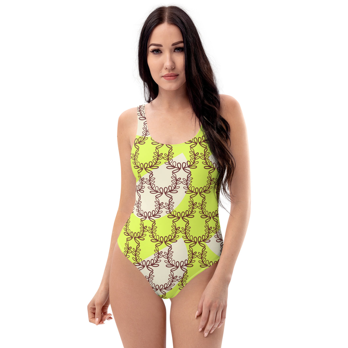 All-Over Print One-Piece Swimsuit Laurel Leaf Crown Light Green