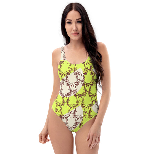 All-Over Print One-Piece Swimsuit Laurel Leaf Crown Light Green