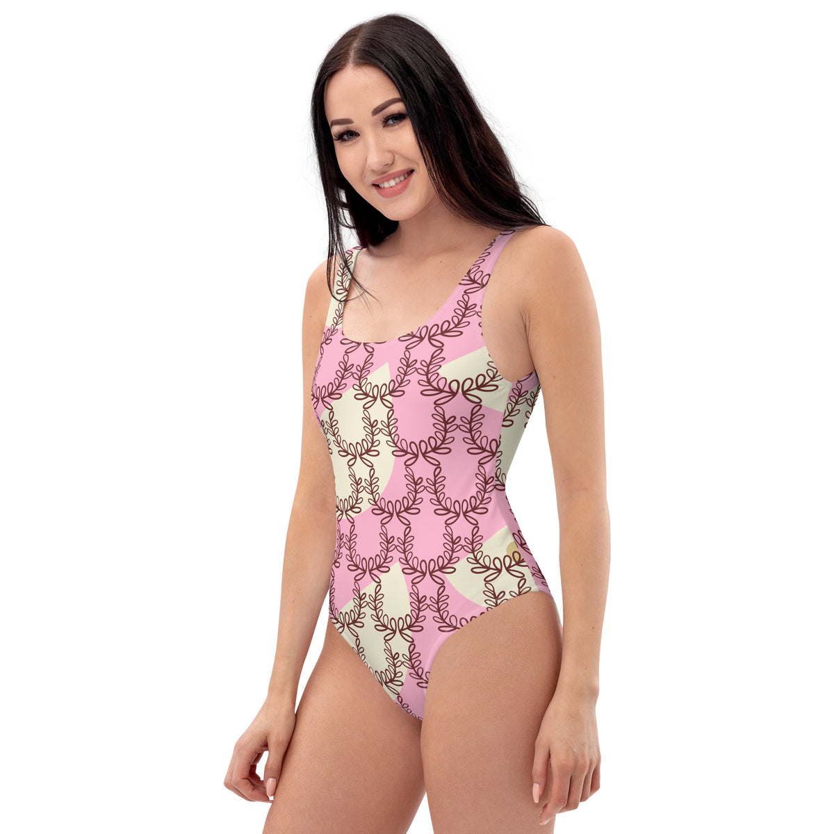 All-Over Print One-Piece Swimsuit Laurel Leaf Crown Cotton Candy