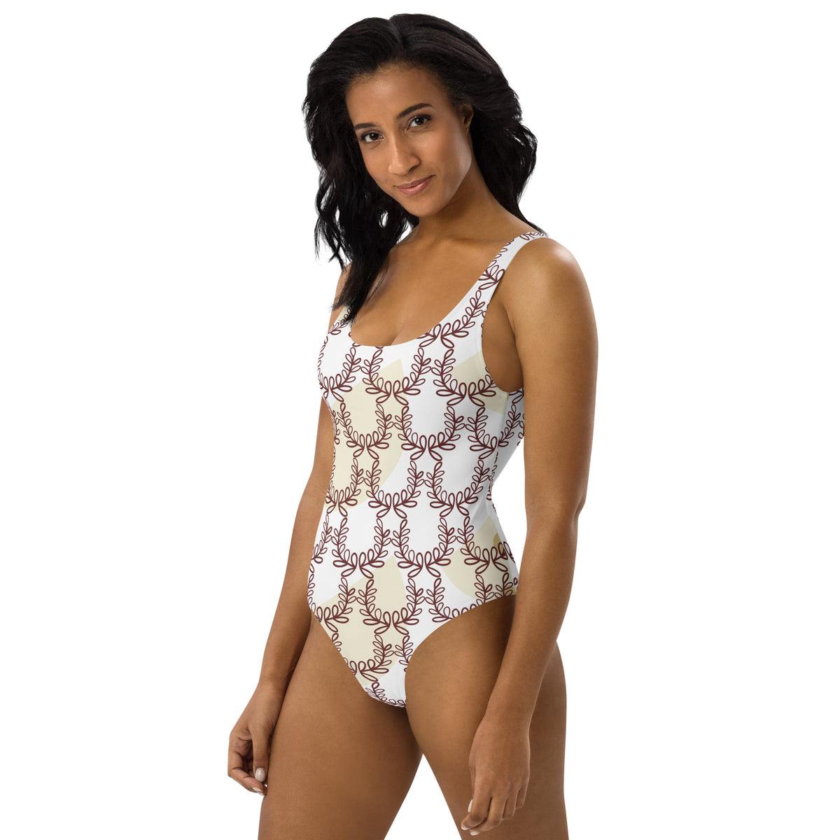 All-Over Print One-Piece Swimsuit Laurel Leaf Crown White