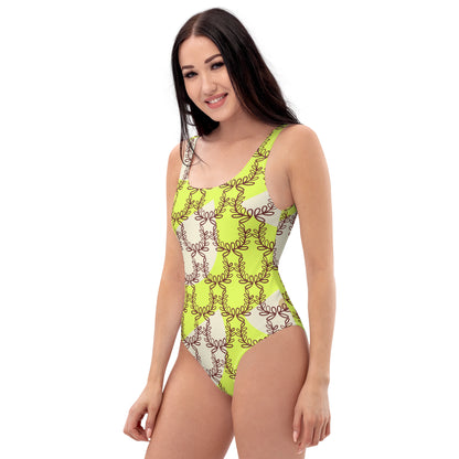 All-Over Print One-Piece Swimsuit Laurel Leaf Crown Light Green