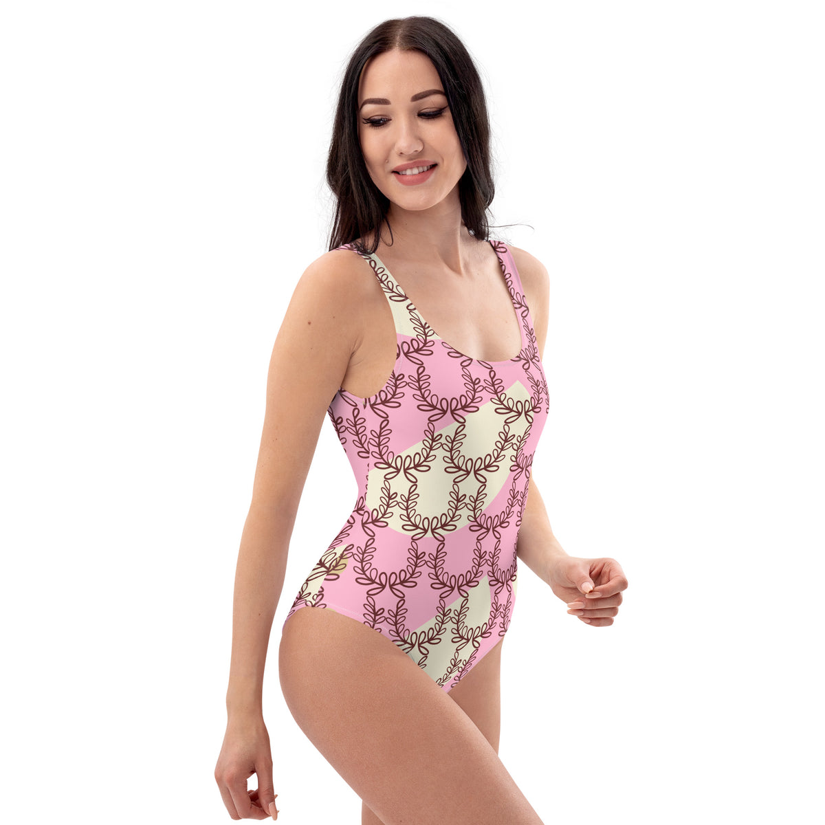 All-Over Print One-Piece Swimsuit Laurel Leaf Crown Cotton Candy