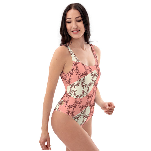 All-Over Print One-Piece Swimsuit Laurel Leaf Crown Rose Bud