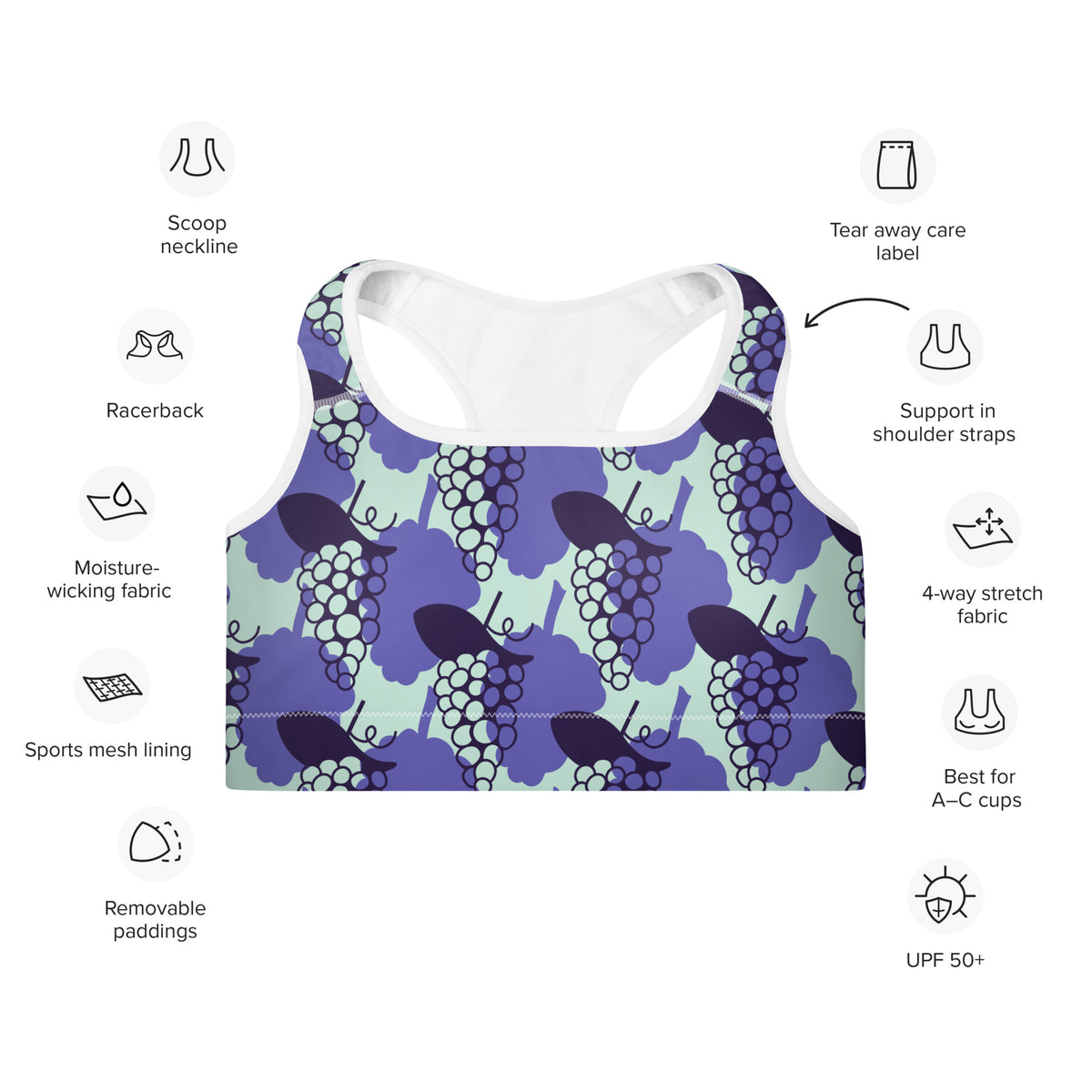 All-Over Print Purple Grapes Padded Sports Bra