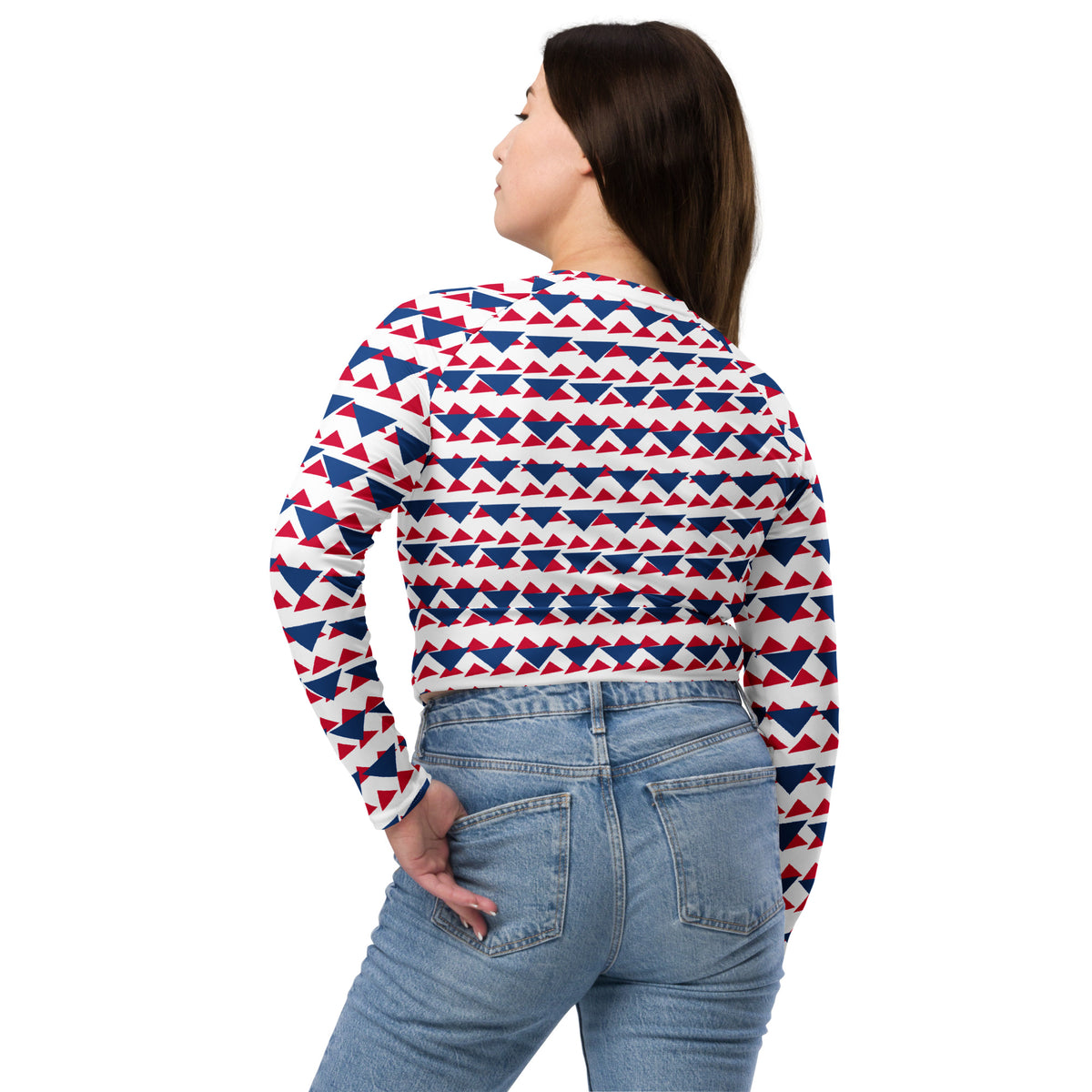 Recycled Long-sleeve Crop Top Blue and Red Triangles | All-Over Print