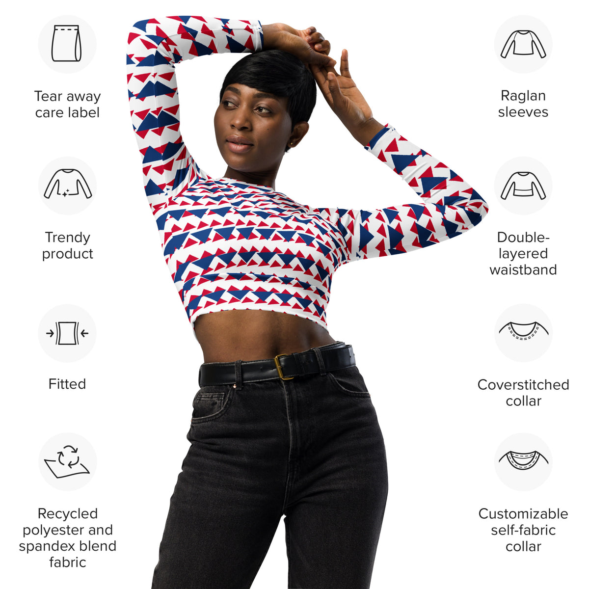 Recycled Long-sleeve Crop Top Blue and Red Triangles | All-Over Print