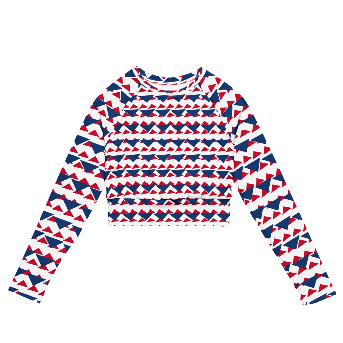 Recycled Long-sleeve Crop Top Blue and Red Triangles | All-Over Print