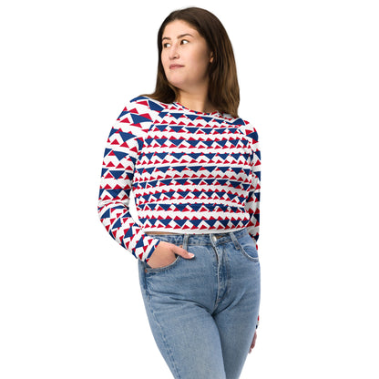 Recycled Long-sleeve Crop Top Blue and Red Triangles | All-Over Print