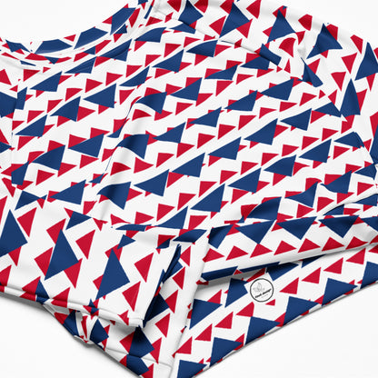 Recycled Long-sleeve Crop Top Blue and Red Triangles | All-Over Print