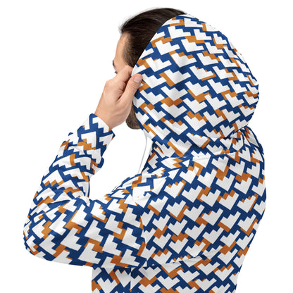 Men's All-Over Print Recycled Unisex Hoodie Geometric Heart Pattern Blue & Amber