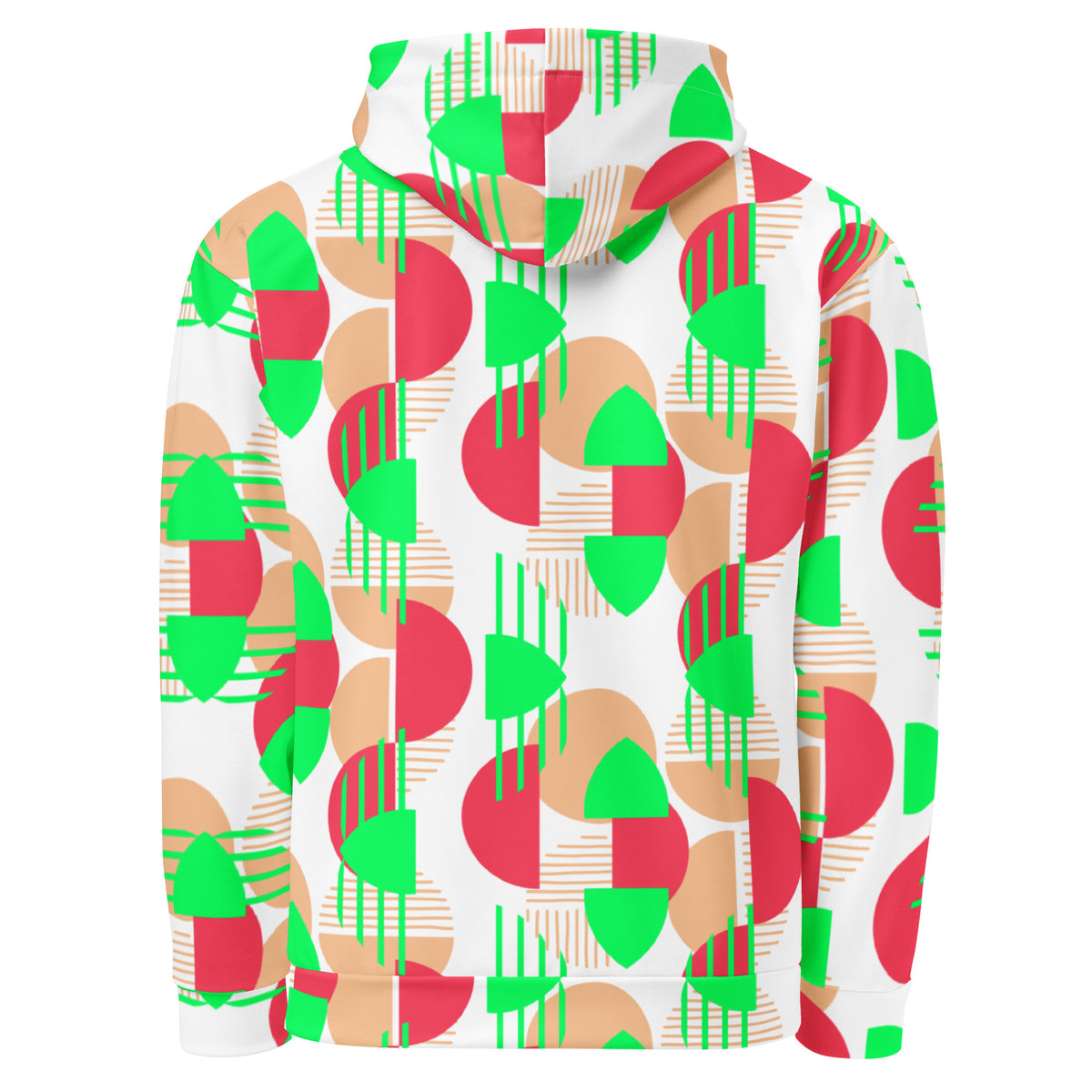 Women's All-Over Print Recycled Unisex Hoodie Bright Geometric Pattern Bright Green, Coral & Red