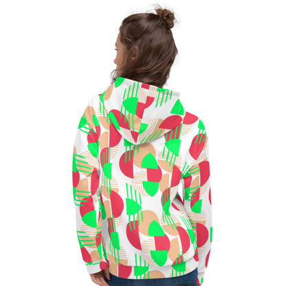 Women's All-Over Print Recycled Unisex Hoodie Bright Geometric Pattern Bright Green, Coral & Red