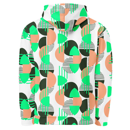 Women's All-Over Print Recycled Unisex Hoodie Bright Geometric Pattern Bright Bright Green, Coral & Dark Green