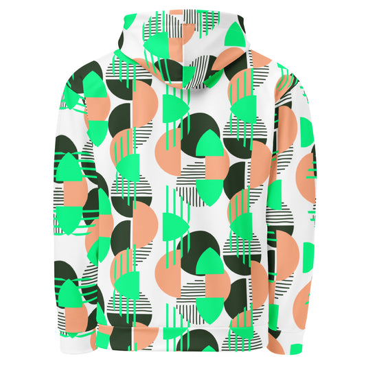 Women's All-Over Print Recycled Unisex Hoodie Bright Geometric Pattern Bright Bright Green, Coral & Dark Green
