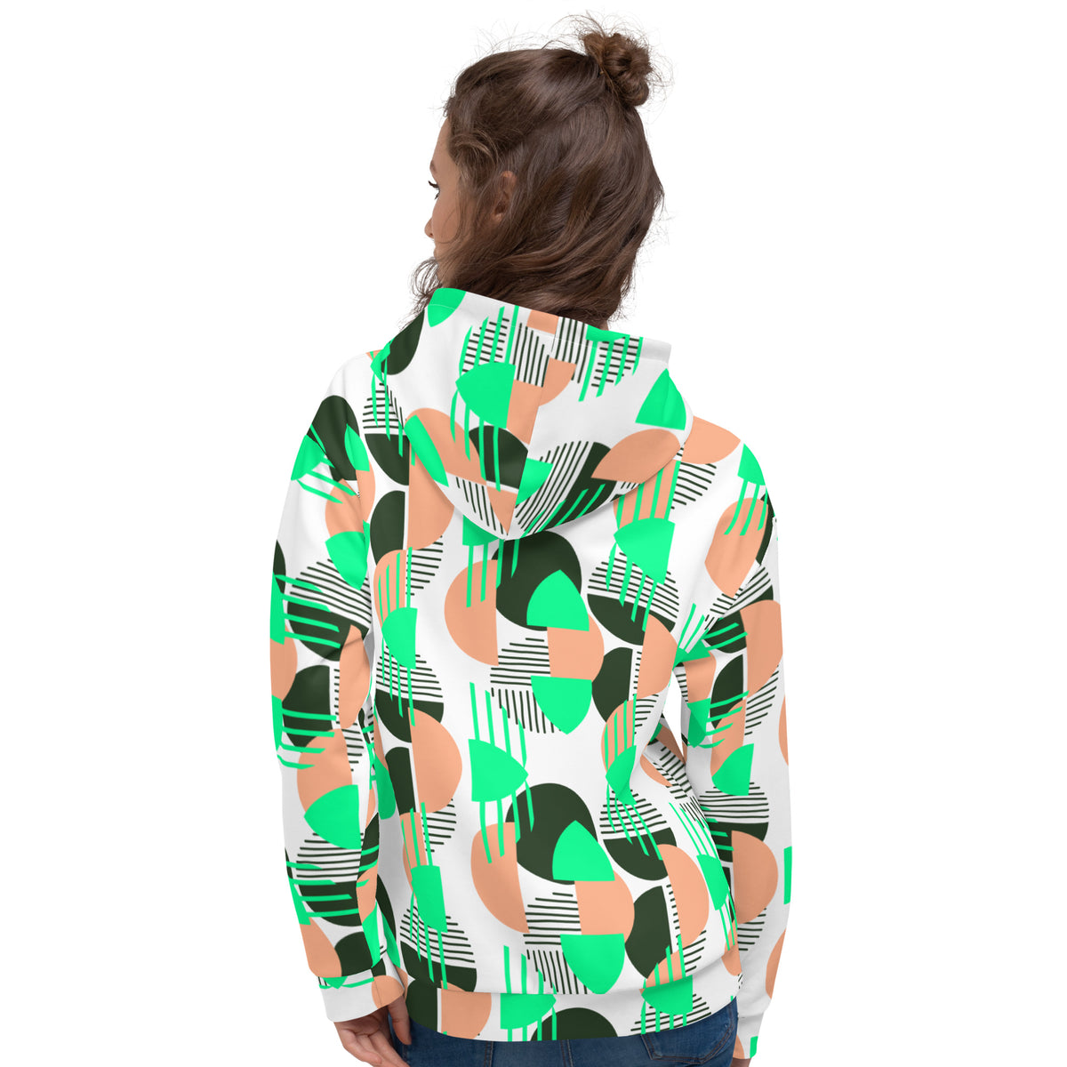 Women's All-Over Print Recycled Unisex Hoodie Bright Geometric Pattern Bright Bright Green, Coral & Dark Green