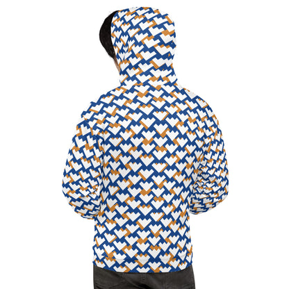Men's All-Over Print Recycled Unisex Hoodie Geometric Heart Pattern Blue & Amber