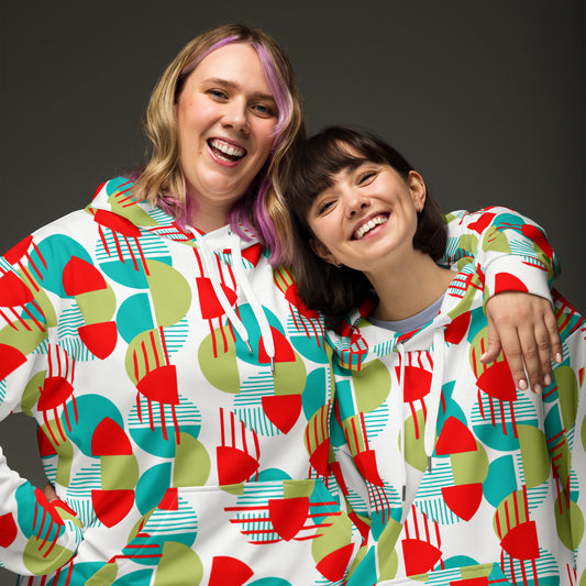 Women's All-Over Print Recycled Unisex Hoodie Bright Geometric Pattern Bright Red, Teal and Green
