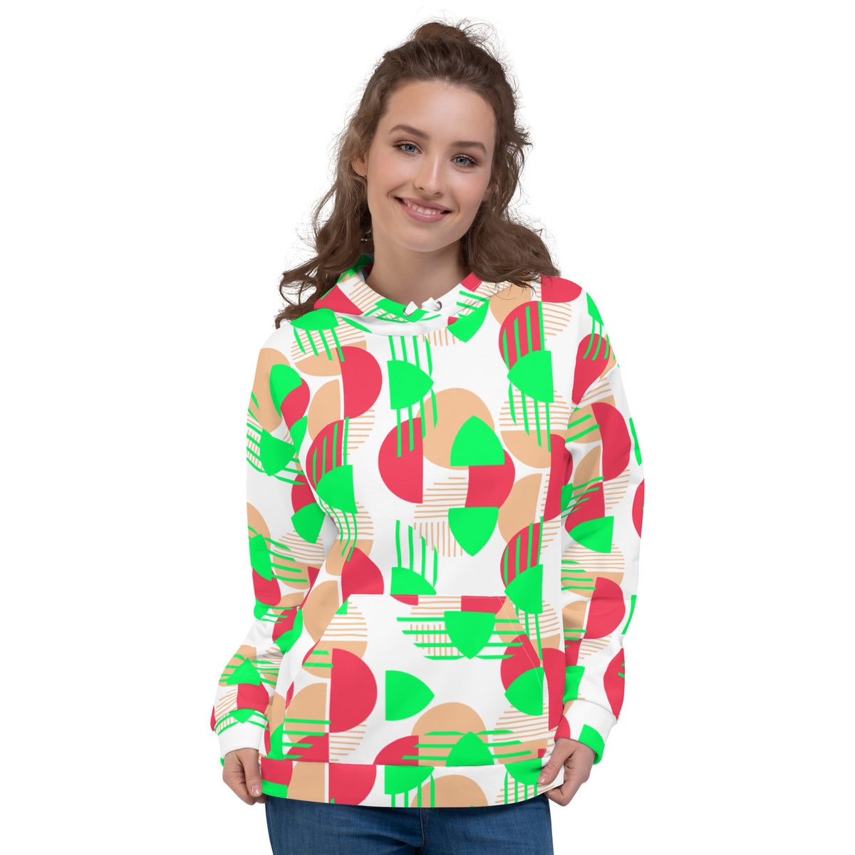Women's All-Over Print Recycled Unisex Hoodie Bright Geometric Pattern Bright Green, Coral & Red