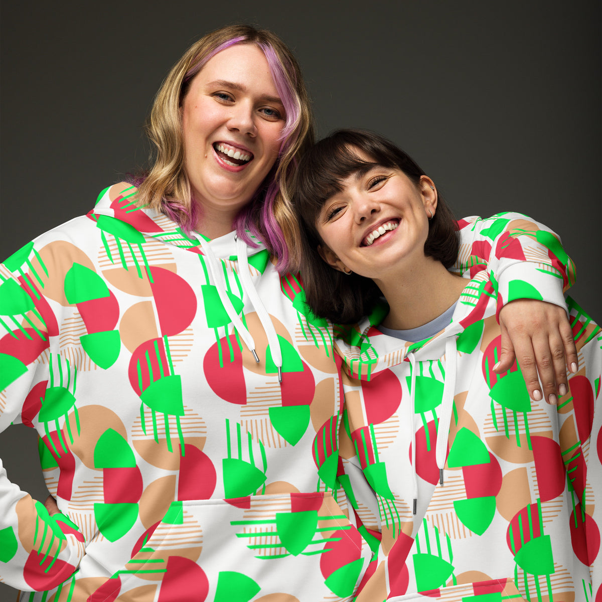 Women's All-Over Print Recycled Unisex Hoodie Bright Geometric Pattern Bright Green, Coral & Red