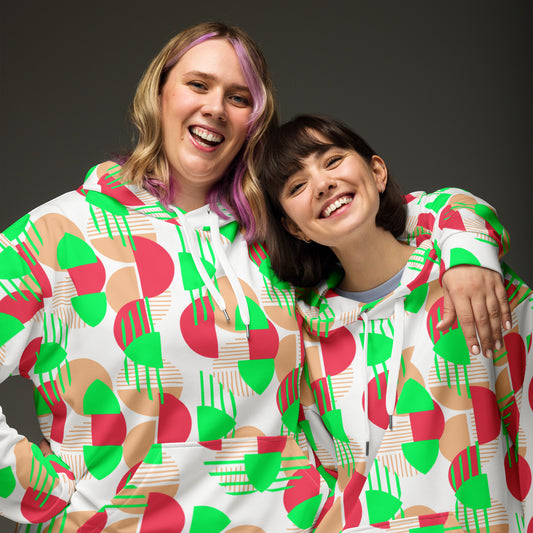 Women's All-Over Print Recycled Unisex Hoodie Bright Geometric Pattern Bright Green, Coral & Red