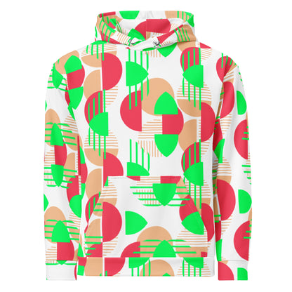 Women's All-Over Print Recycled Unisex Hoodie Bright Geometric Pattern Bright Green, Coral & Red