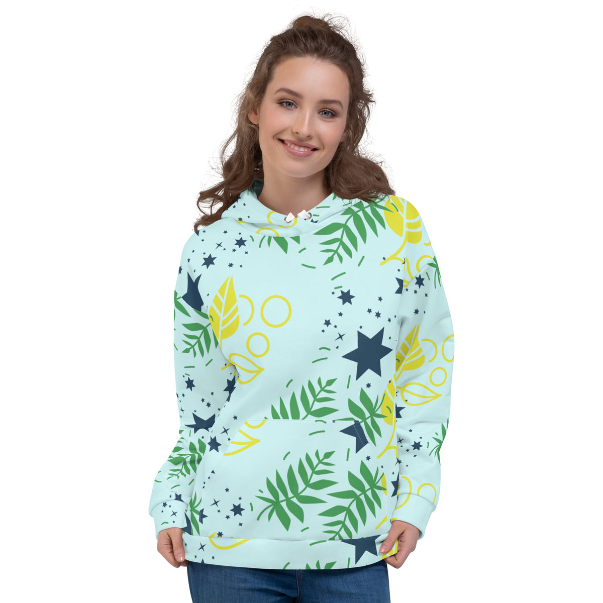Women's All-Over Print Recycled Unisex Hoodie Leaves Light Cyan Blue
