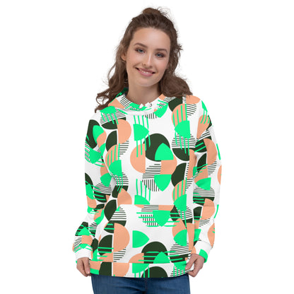 Women's All-Over Print Recycled Unisex Hoodie Bright Geometric Pattern Bright Bright Green, Coral & Dark Green
