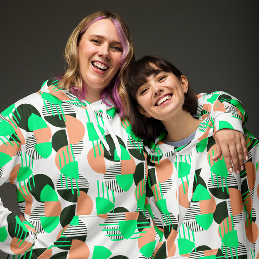 Women's All-Over Print Recycled Unisex Hoodie Bright Geometric Pattern Bright Bright Green, Coral & Dark Green