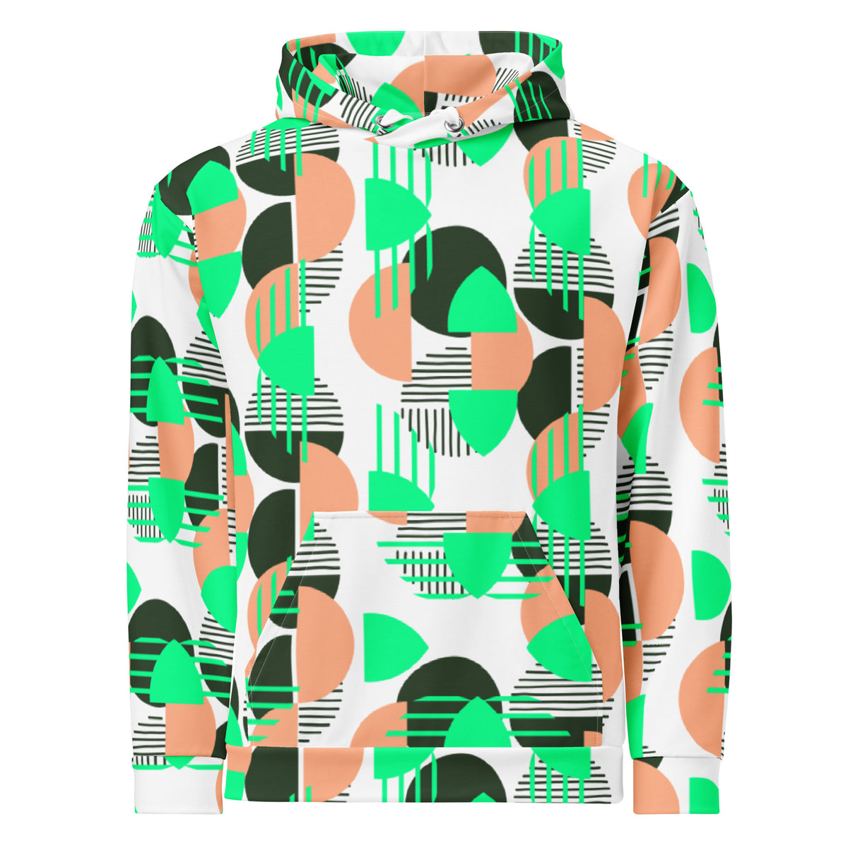 Women's All-Over Print Recycled Unisex Hoodie Bright Geometric Pattern Bright Bright Green, Coral & Dark Green