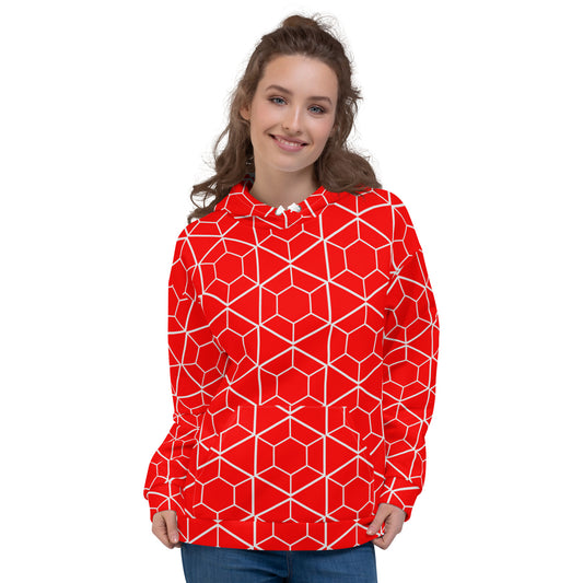 Women's All-Over Print Recycled Unisex Hoodie Geometric Hexagon Bright Red