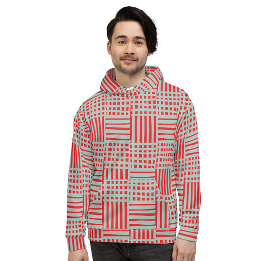 Men's All-Over Print Recycled Unisex Hoodie Geometric Stripes Alizarin Red/Opal Blue