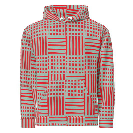 Men's All-Over Print Recycled Unisex Hoodie Geometric Stripes Alizarin Red/Opal Blue
