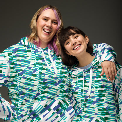 All-Over Print Unisex Hoodie Abstract Geometric Pattern - Teal & Royal Blue