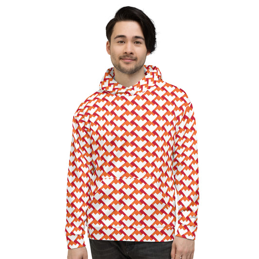 Men's All-Over Print Recycled Unisex Hoodie Geometric Heart Pattern Red & Orange