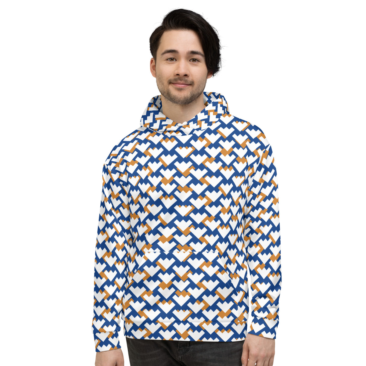 Men's All-Over Print Recycled Unisex Hoodie Geometric Heart Pattern Blue & Amber