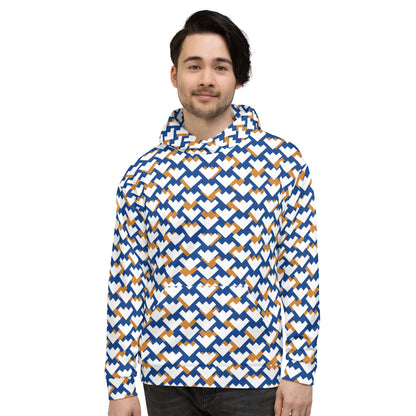 Men's All-Over Print Recycled Unisex Hoodie Geometric Heart Pattern Blue & Amber