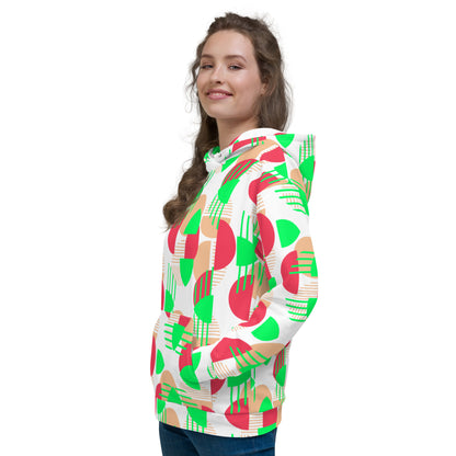 Women's All-Over Print Recycled Unisex Hoodie Bright Geometric Pattern Bright Green, Coral & Red